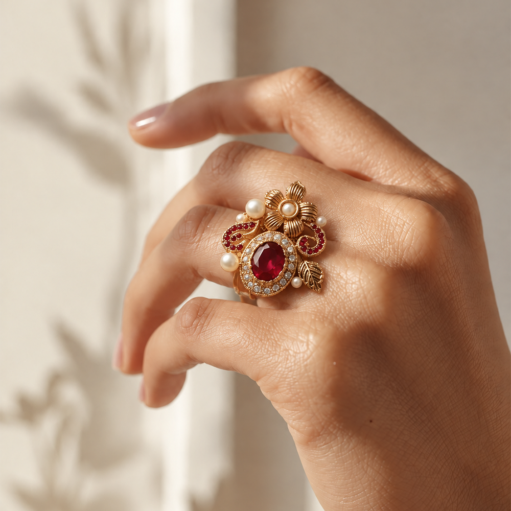 red stone pearl ring