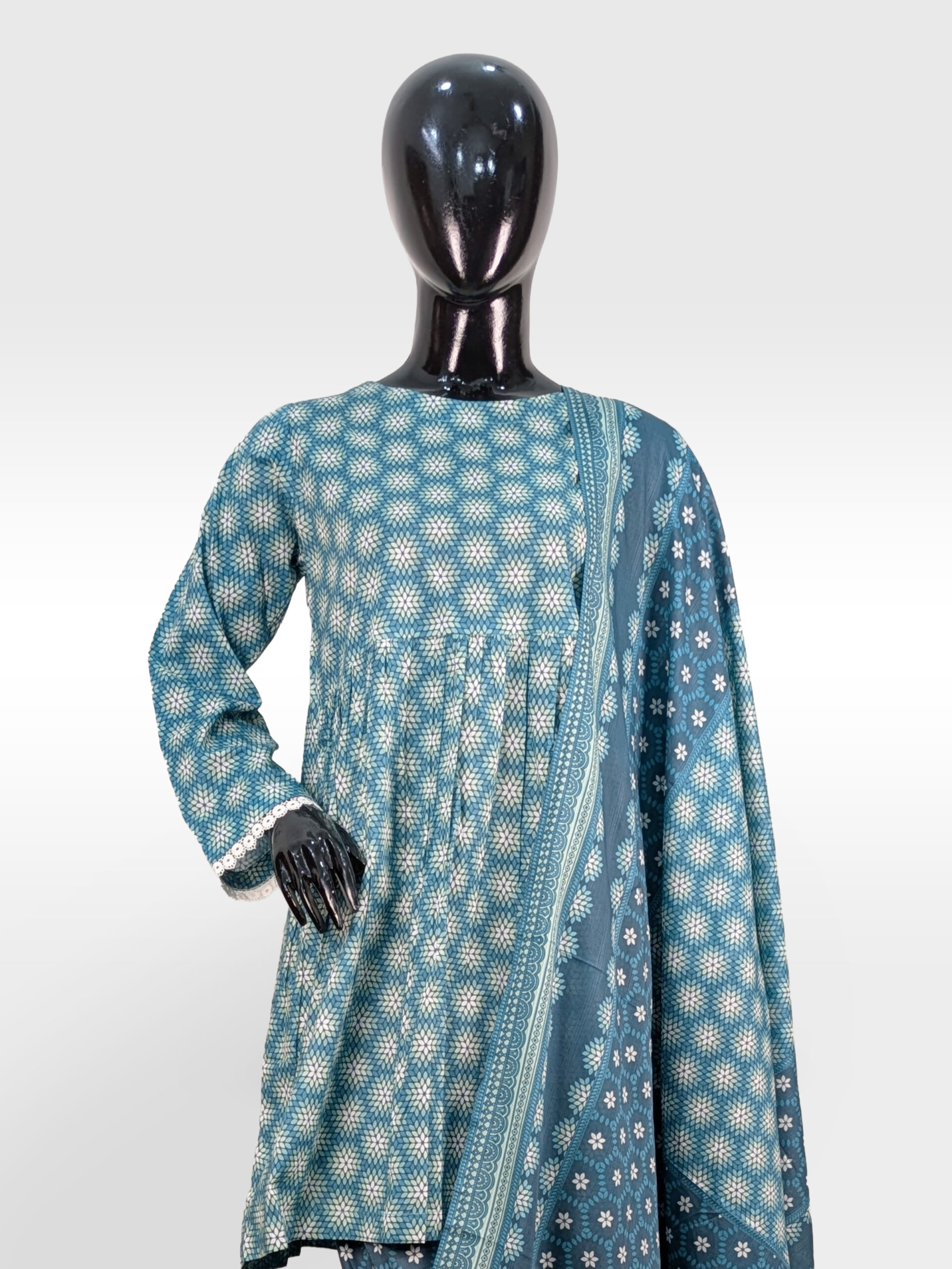 Teal Blossom Printed Gharara Ensemble – 3-Piece Summer Set ZZGP3P-251031 - Image 2