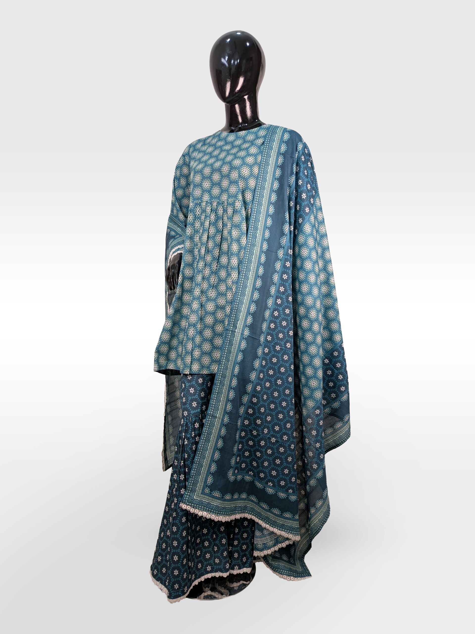 Teal Blossom Printed Gharara Ensemble – 3-Piece Summer Set ZZGP3P-251031 - Image 4