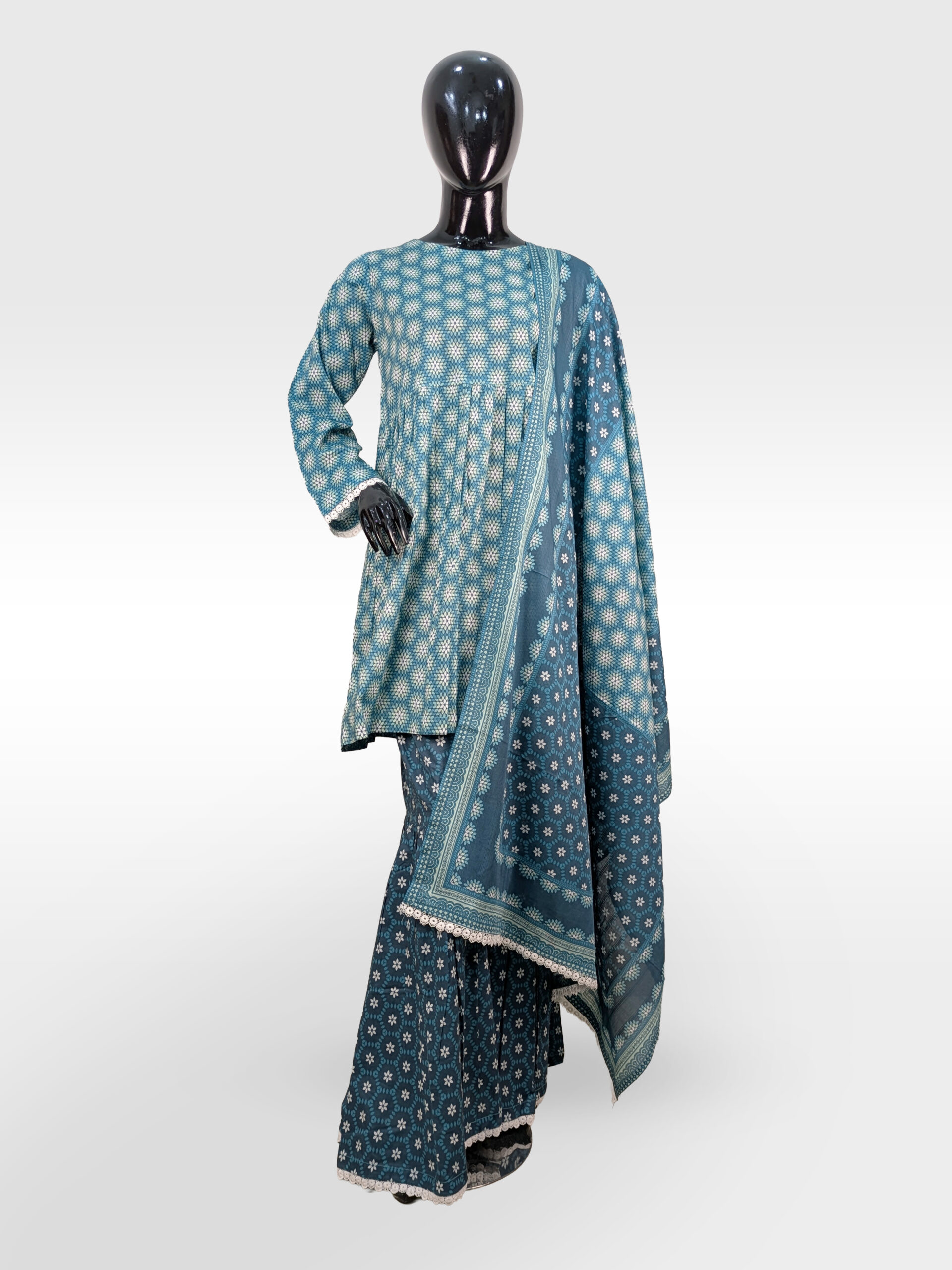 Teal Blossom Printed Gharara Ensemble – 3-Piece Summer Set ZZGP3P-251031