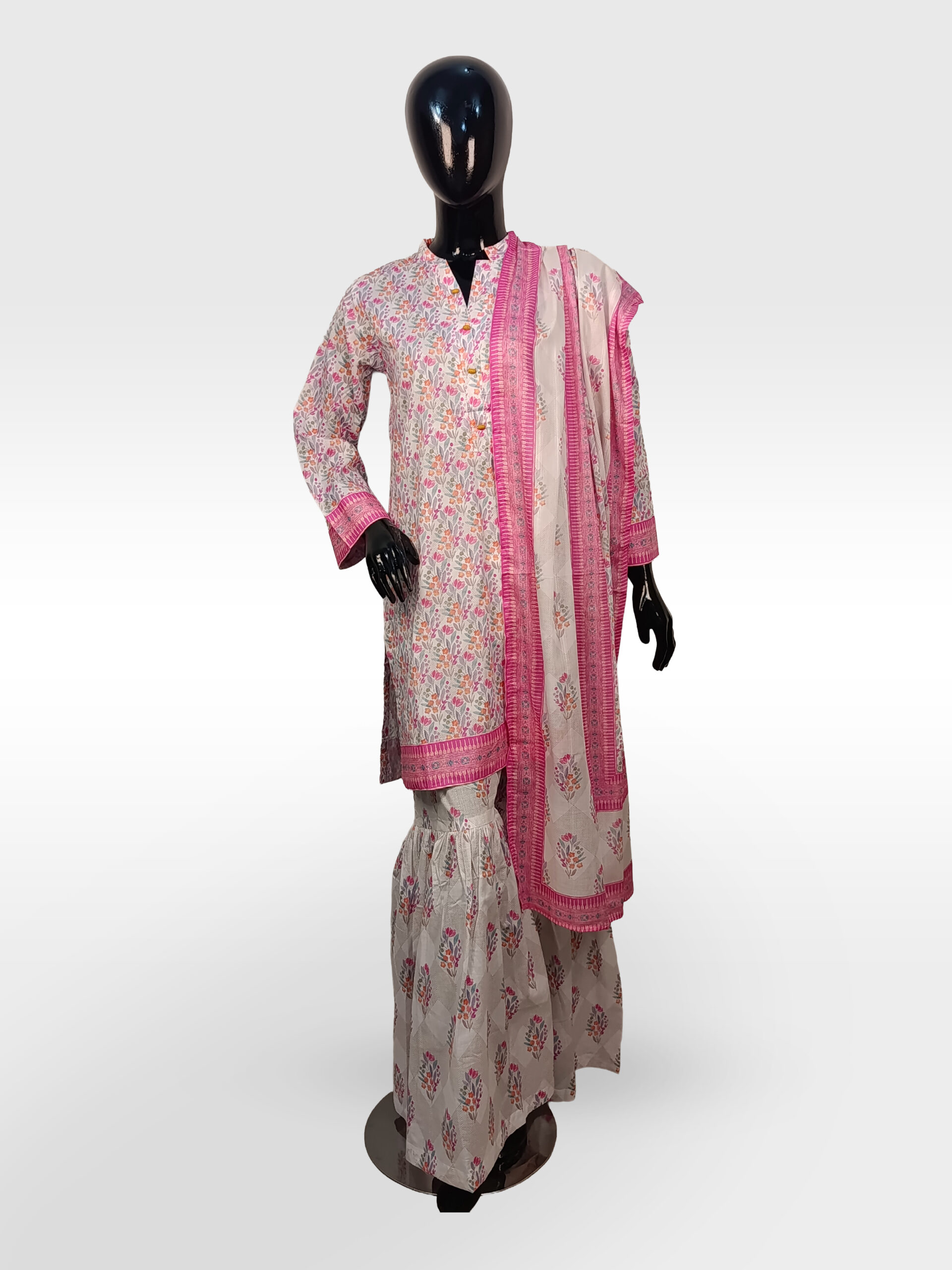 Floral Fusion Lawn Ensemble – Vibrant Pink & Pastel Hues - ZZPP3P-251032