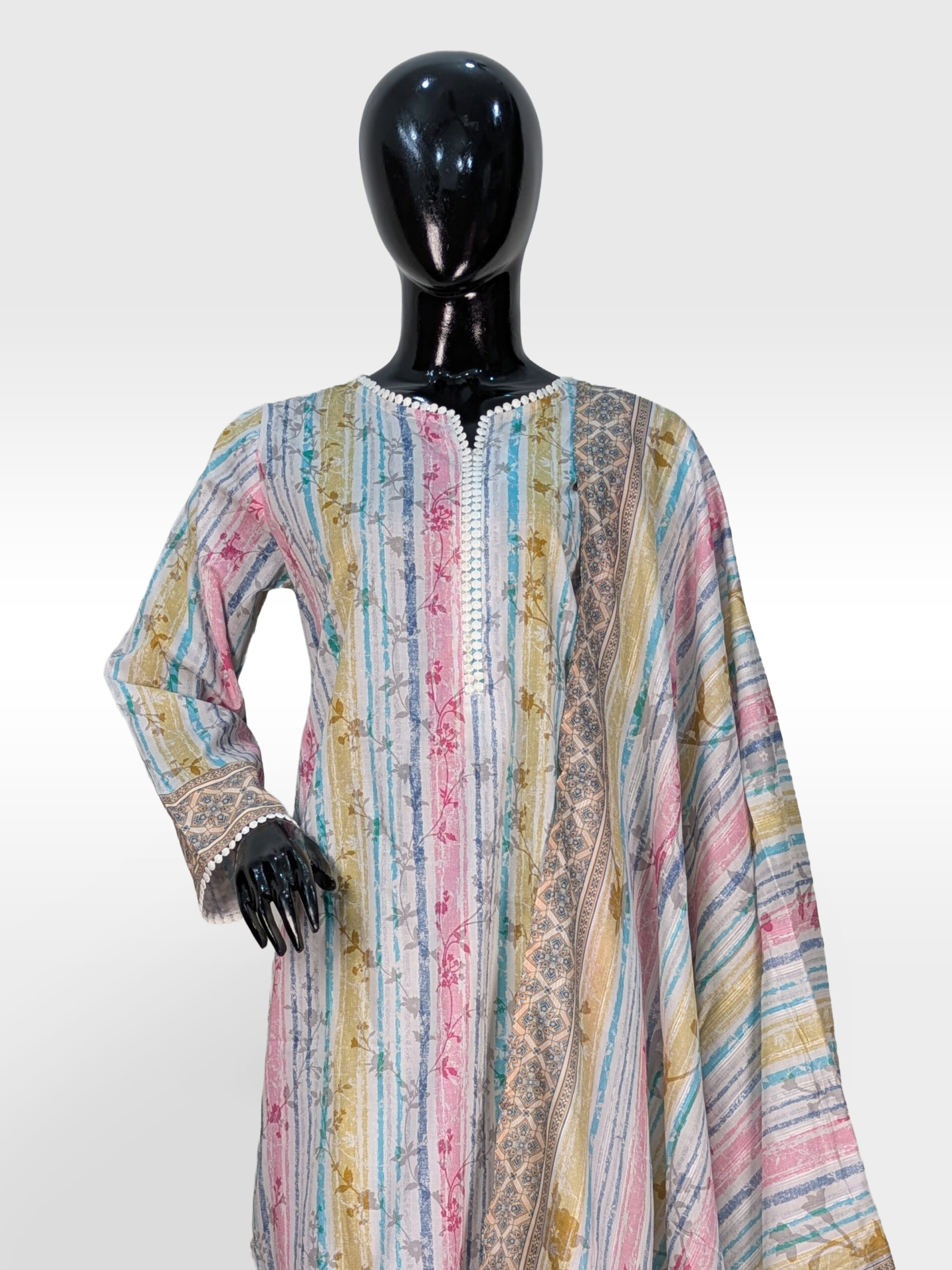 Pastel Stripe Fusion – 3-Piece Lawn Gharara Ensemble ZZWP3P-251033 - Image 2