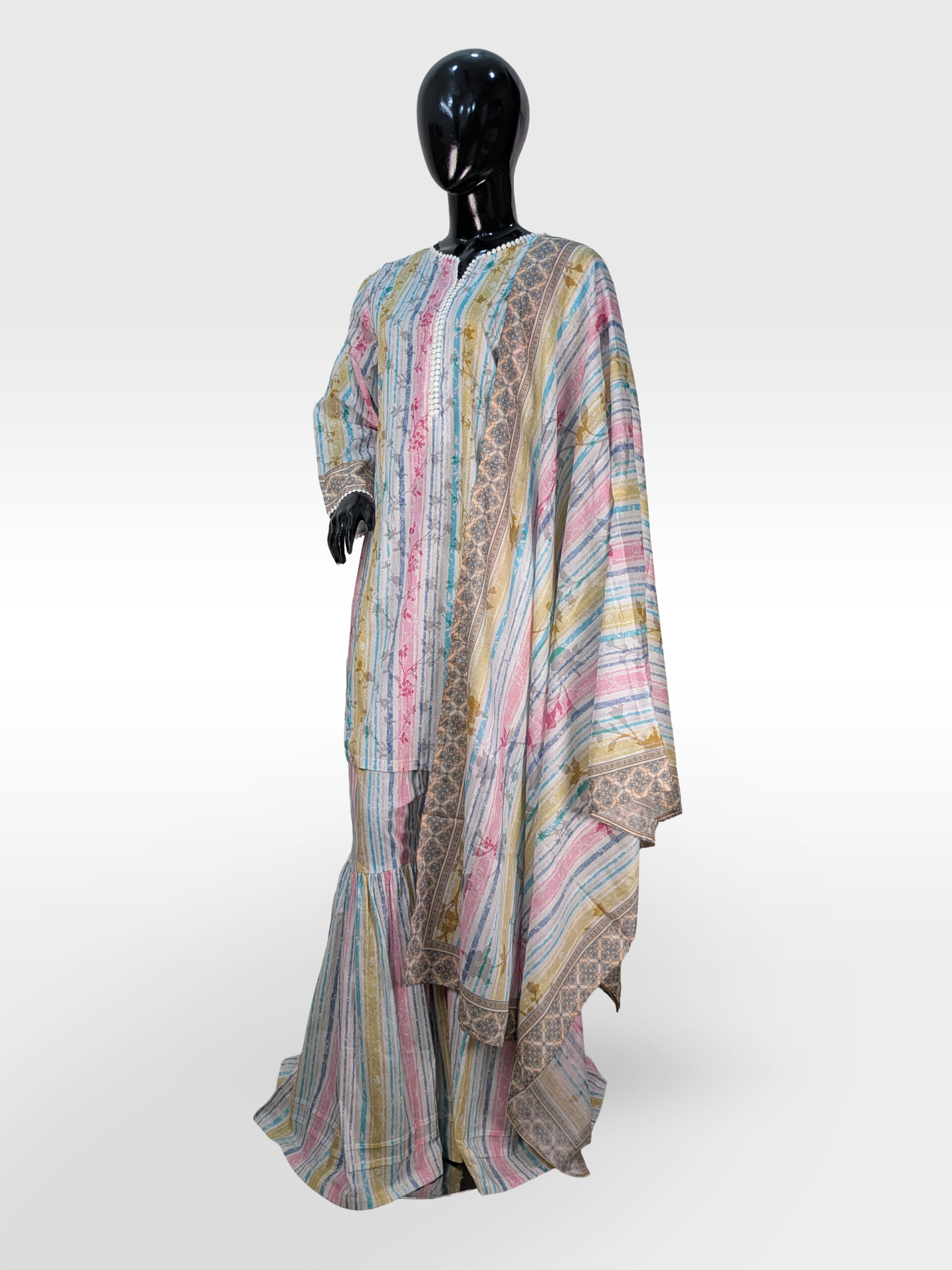 Pastel Stripe Fusion – 3-Piece Lawn Gharara Ensemble ZZWP3P-251033 - Image 4