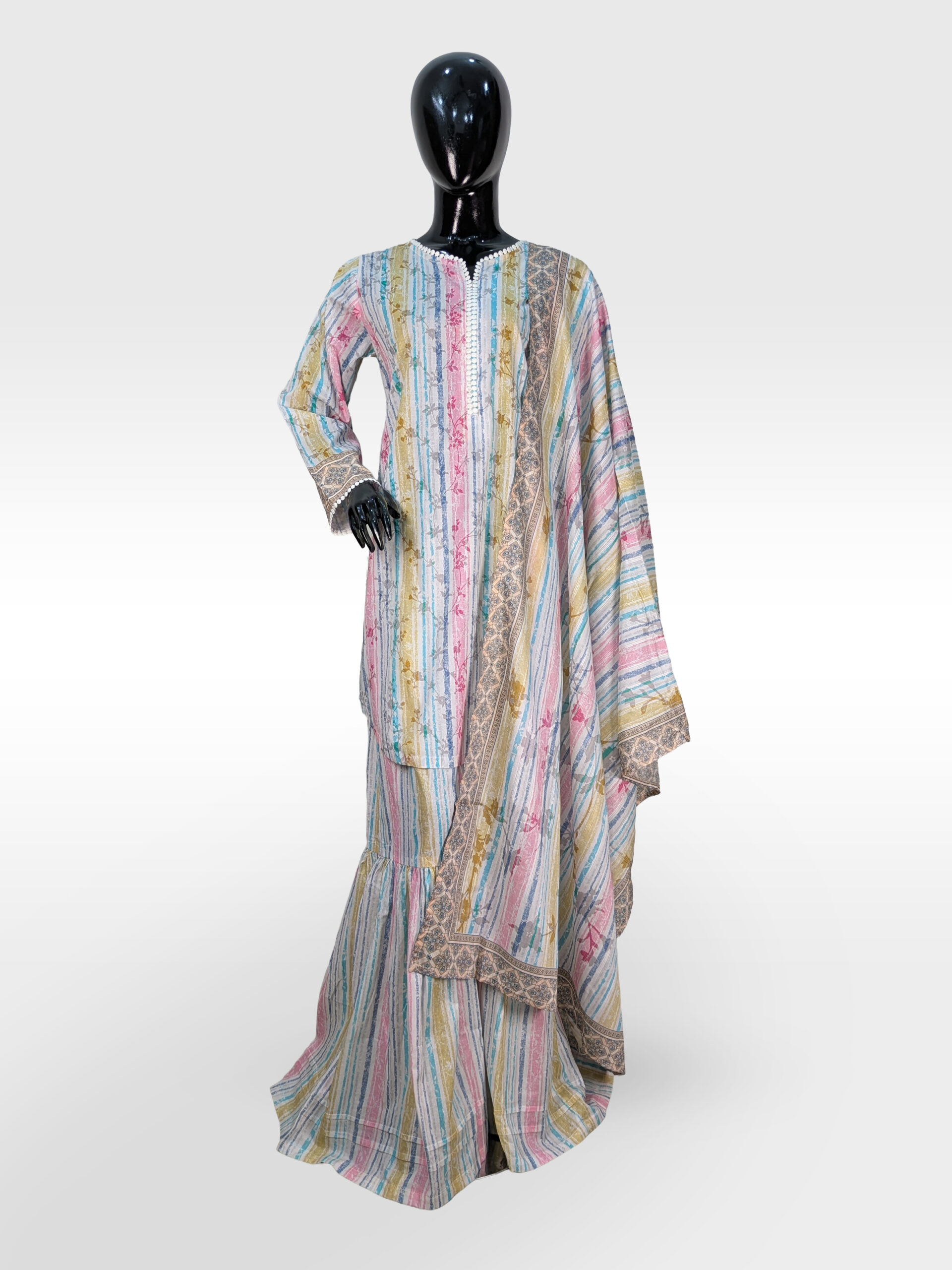 Pastel Stripe Fusion – 3-Piece Lawn Gharara Ensemble ZZWP3P-251033